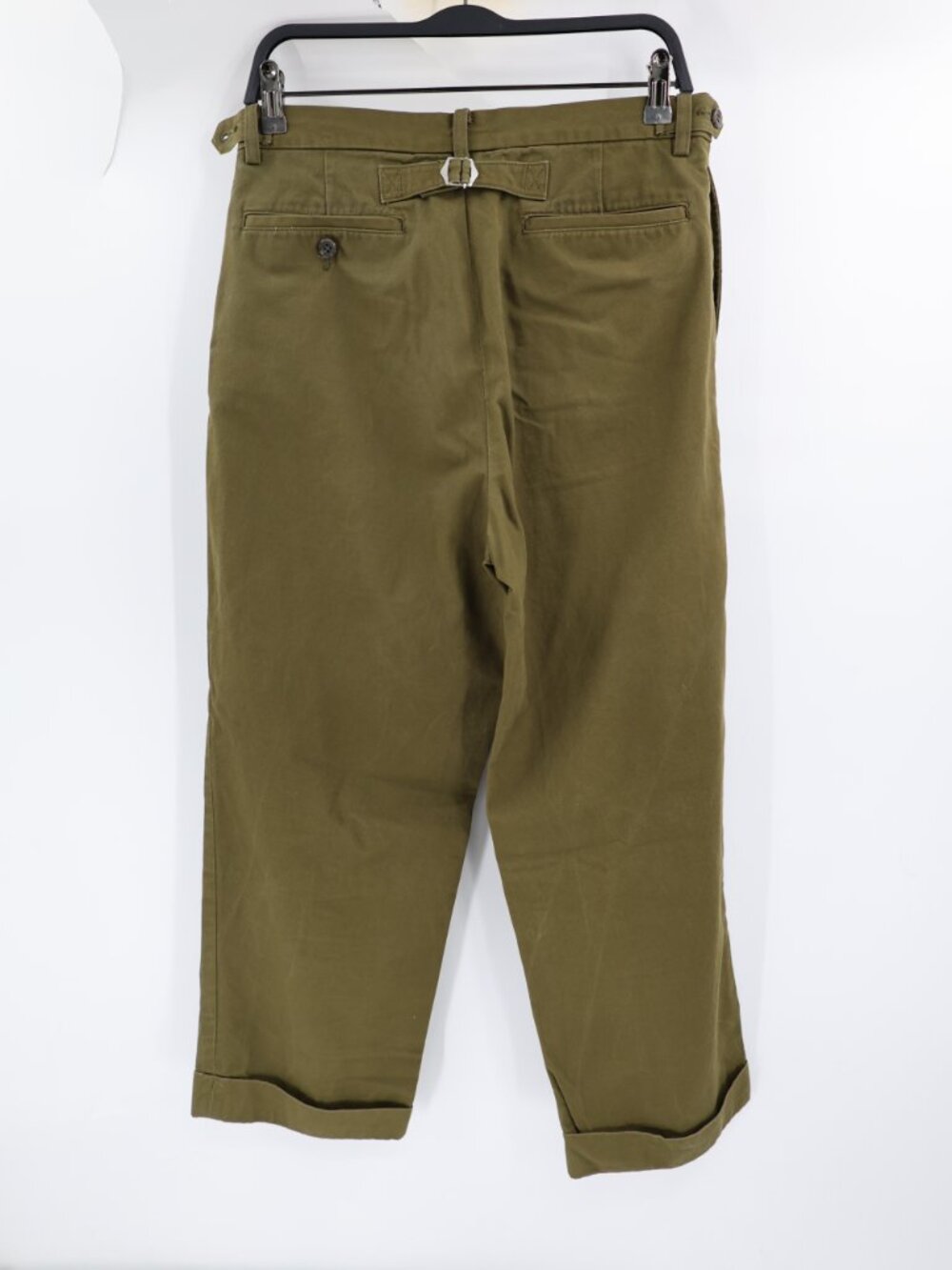 Beams Chinos mens medium L25.5 green Made in Japan Cuffed side tabs back buckle
